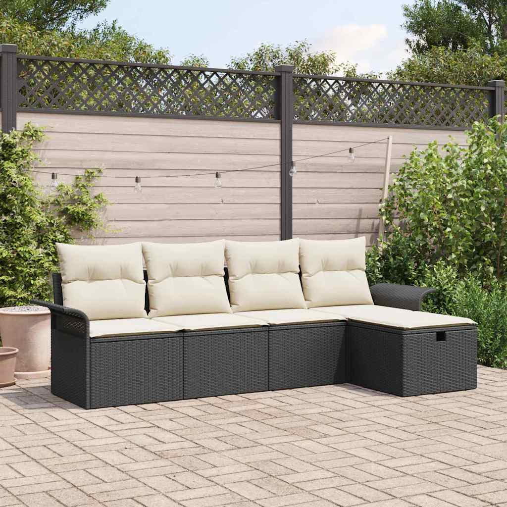 Set Divano da Giardino 5 pcs Nero e Crema polyrattan