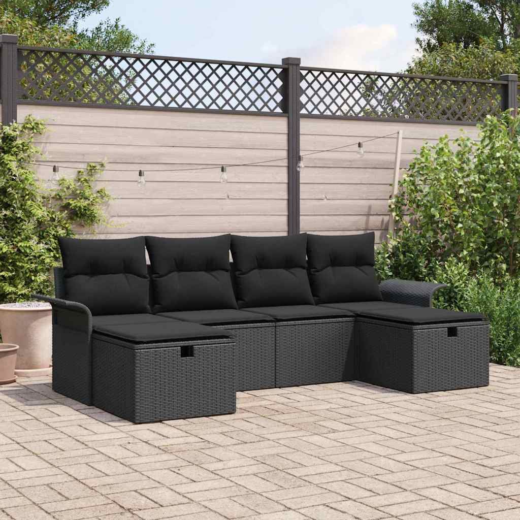 Set Divano da Giardino con cuscino 6 pcs Nero polyrattan