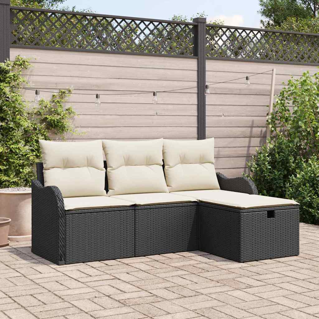 Set Divano da Giardino 4 pcs Nero e Crema polyrattan