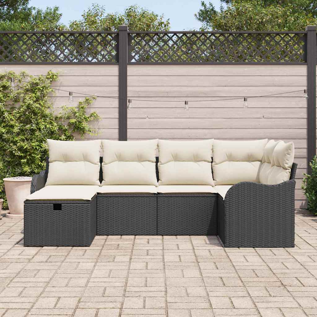 Set Divano da Giardino 6 pcs Nero e Crema Poly Rattan