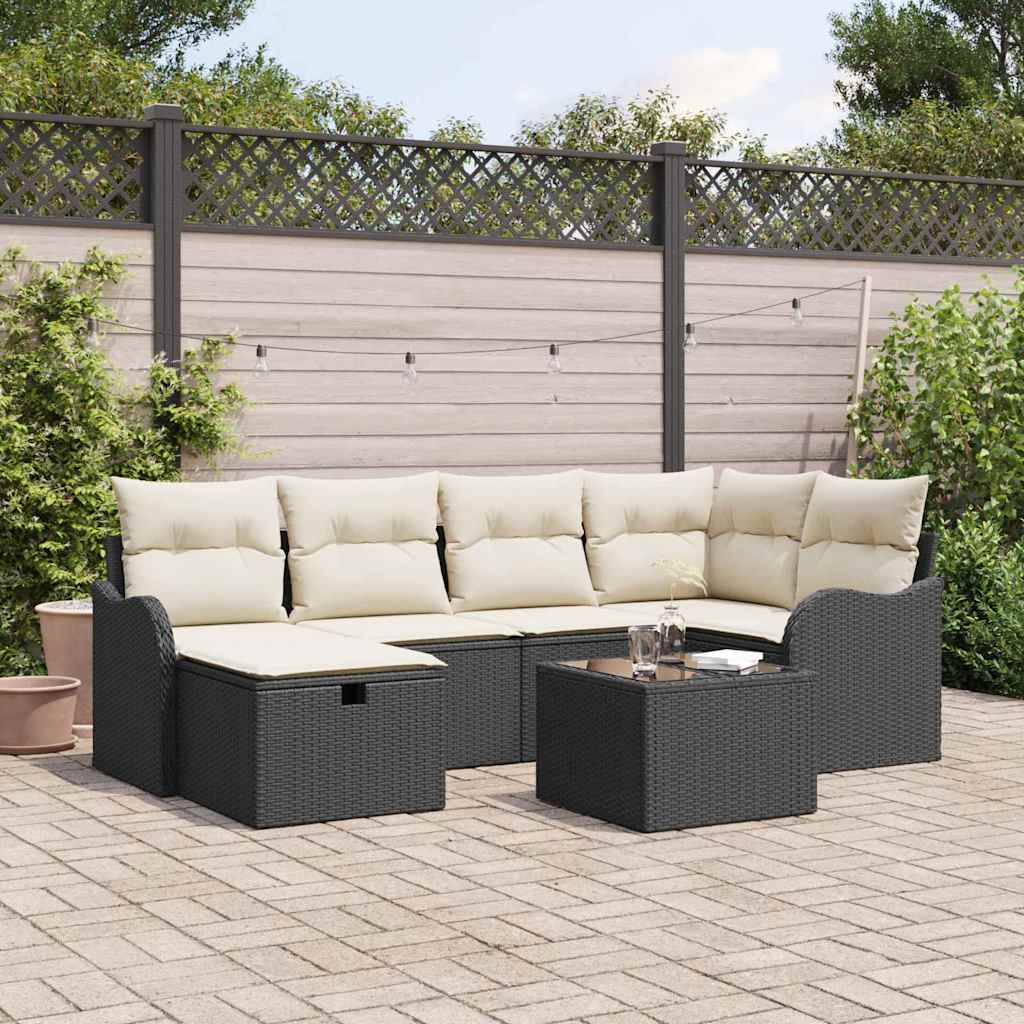 Set Divano da Giardino 7 pcs Nero e Crema Poly Rattan