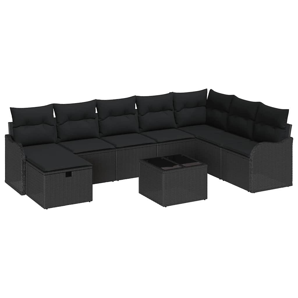 Set di divani con cuscino con archiviazione Nero polyrattan