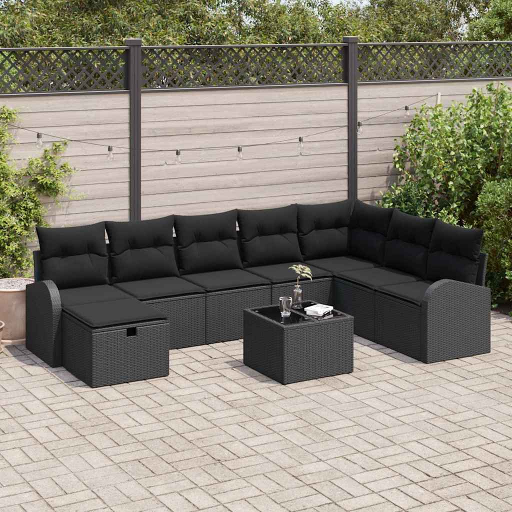 Set di divani con cuscino con archiviazione Nero polyrattan