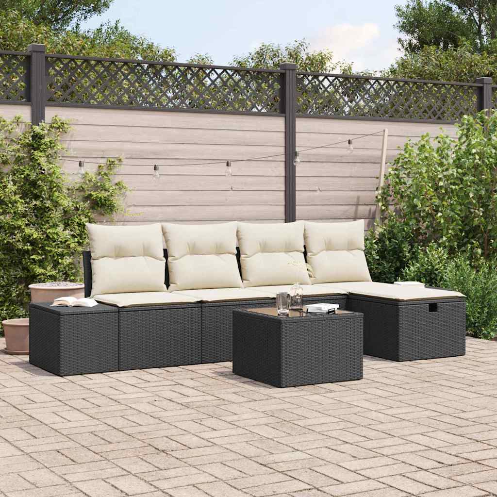 Set Divano da Giardino con cuscino 6 pcs Nero polyrattan