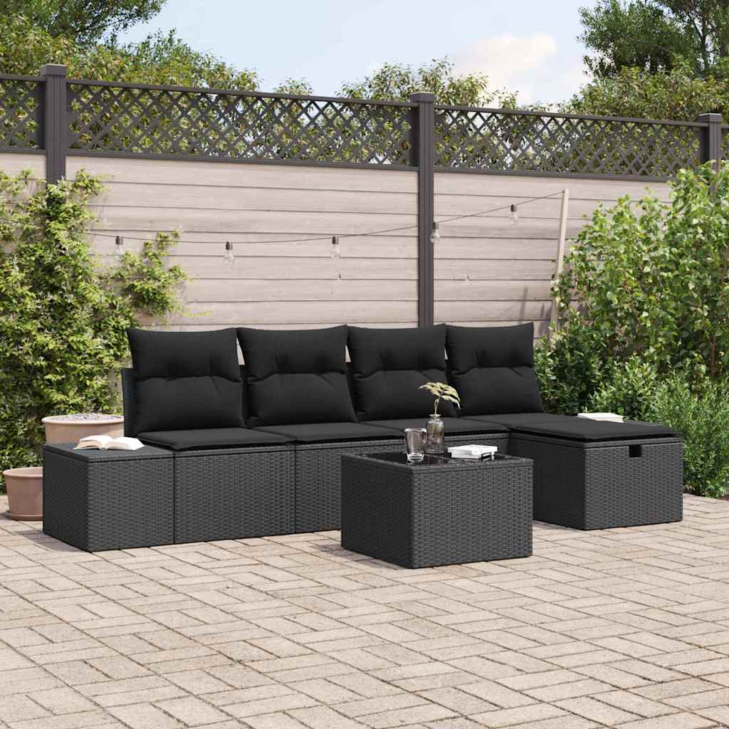 Set Divano da Giardino con cuscino 6 pcs Nero polyrattan