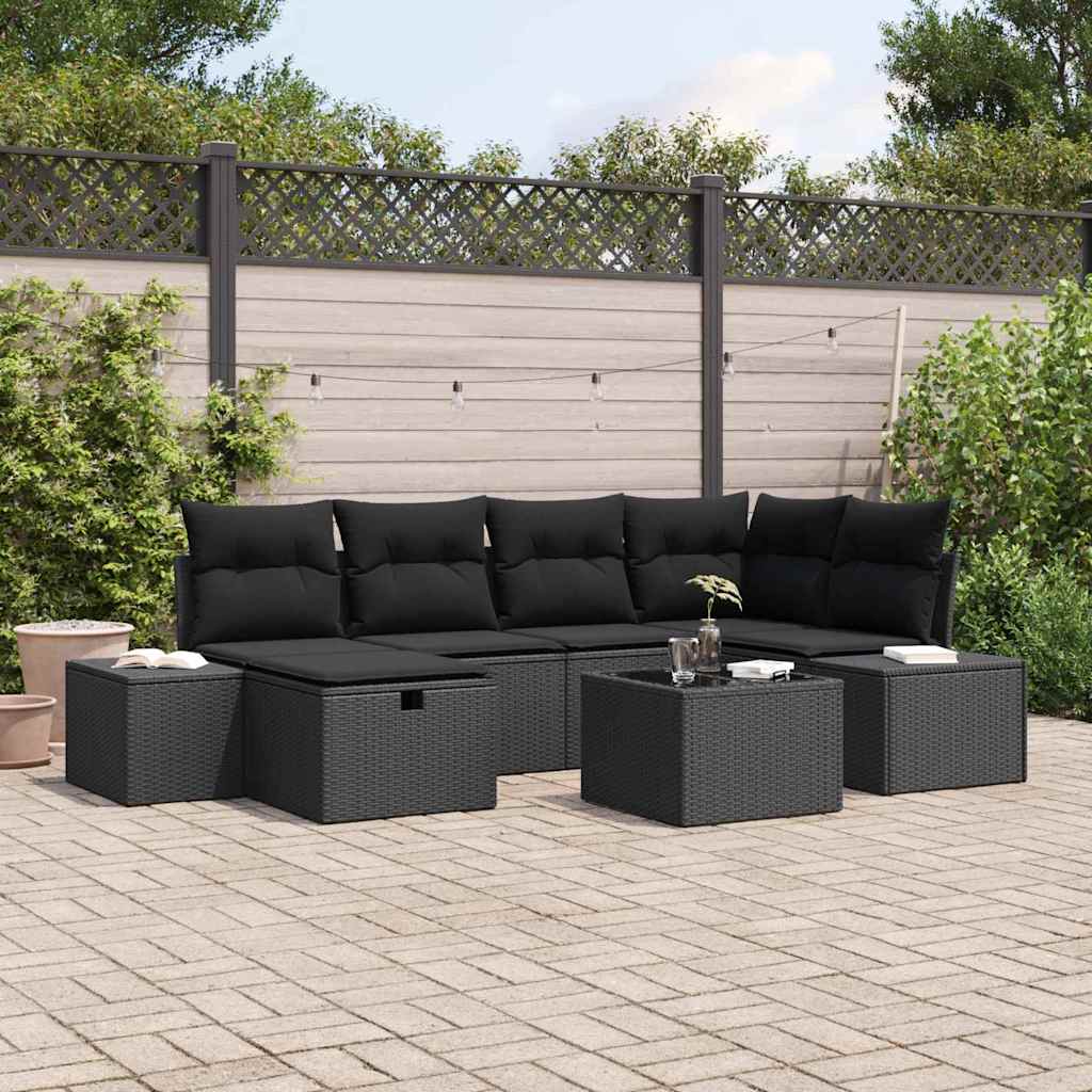 Set Divano da Giardino con cuscino 7 pcs Nero polyrattan