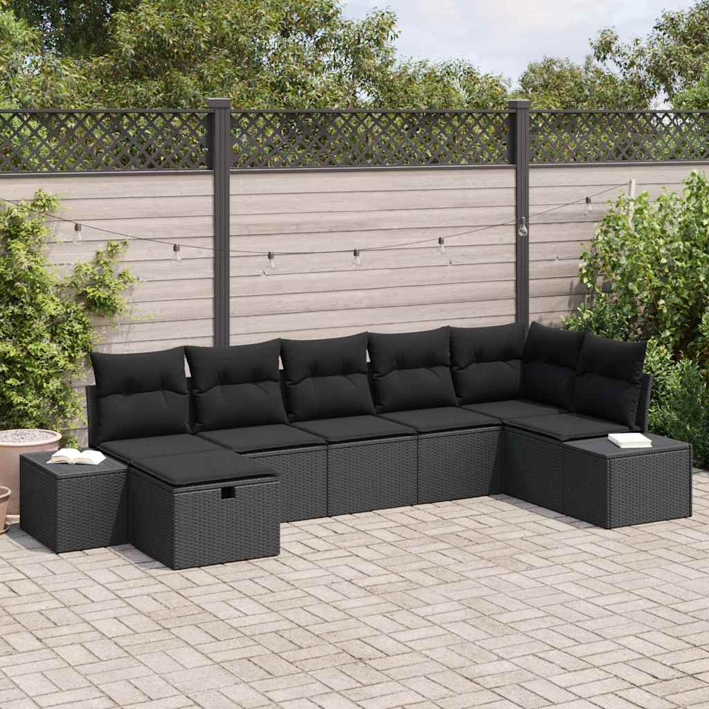 Set Divano da Giardino con cuscino 7 pcs Nero polyrattan