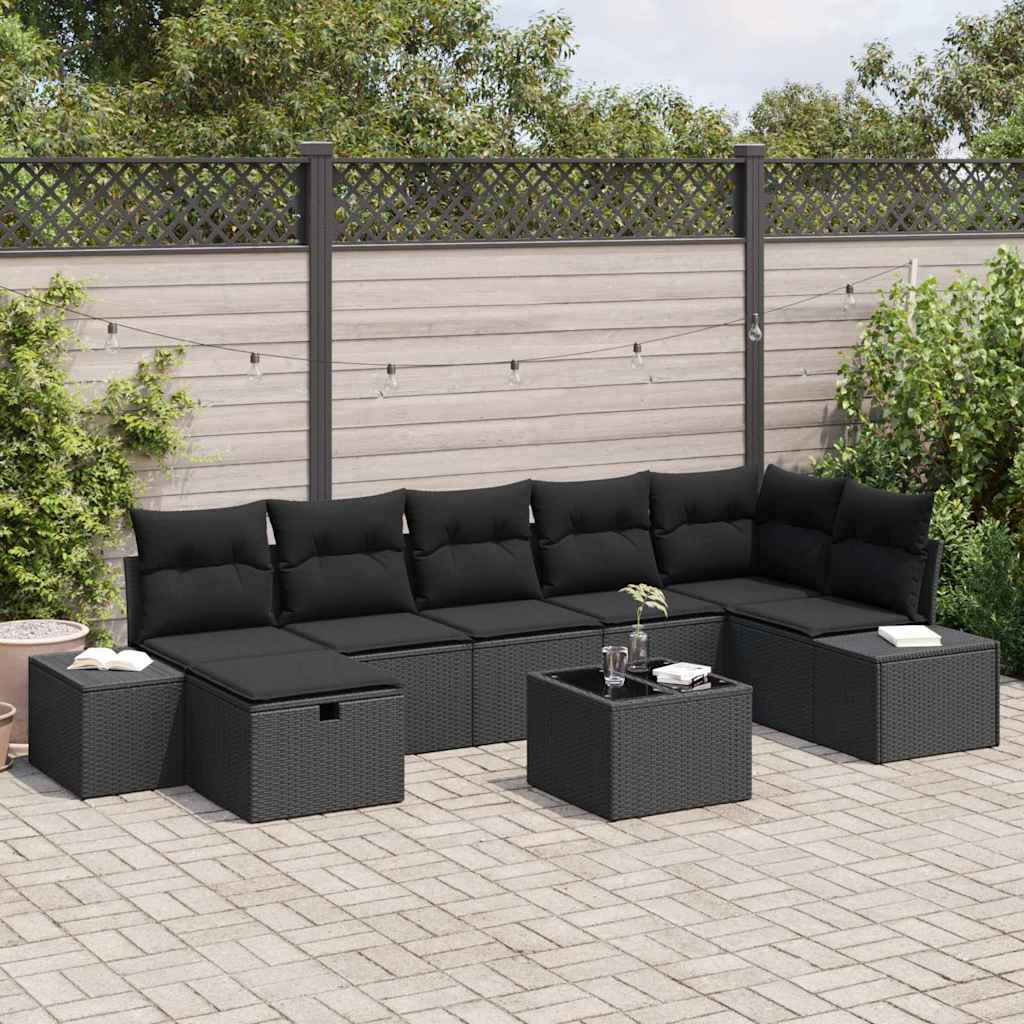 Set Divano da Giardino con cuscino 8 pcs Nero polyrattan