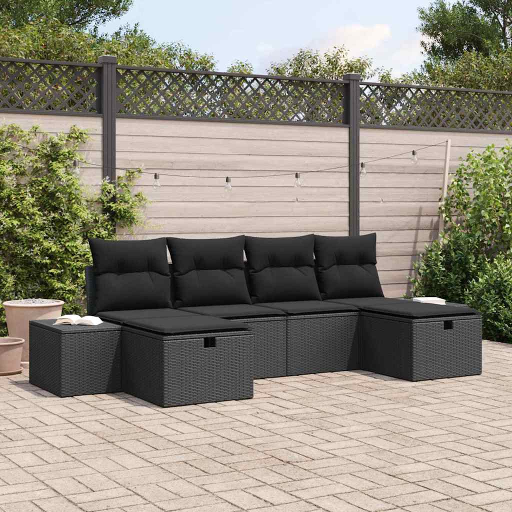 Set Divano da Giardino con cuscino 6 pcs Nero polyrattan