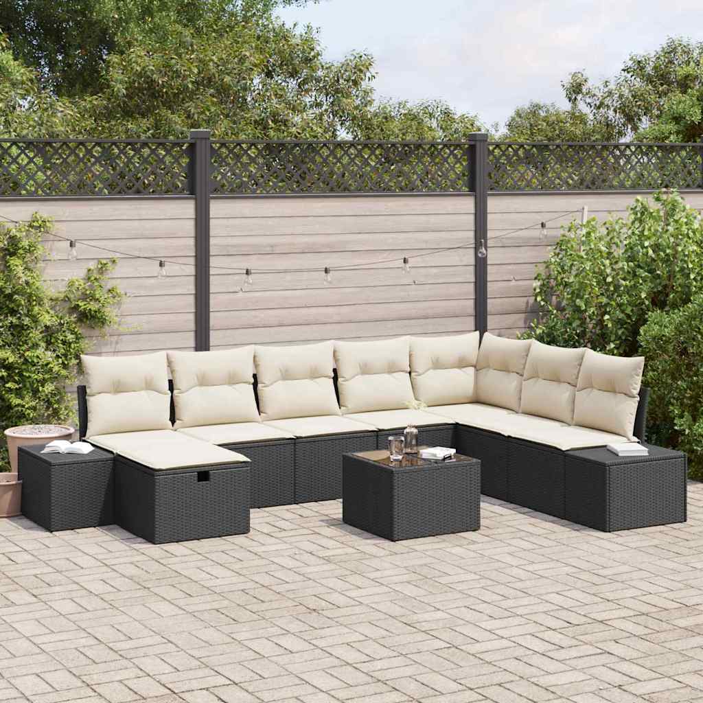 Set Divano da Giardino con cuscino 9 pcs Nero polyrattan