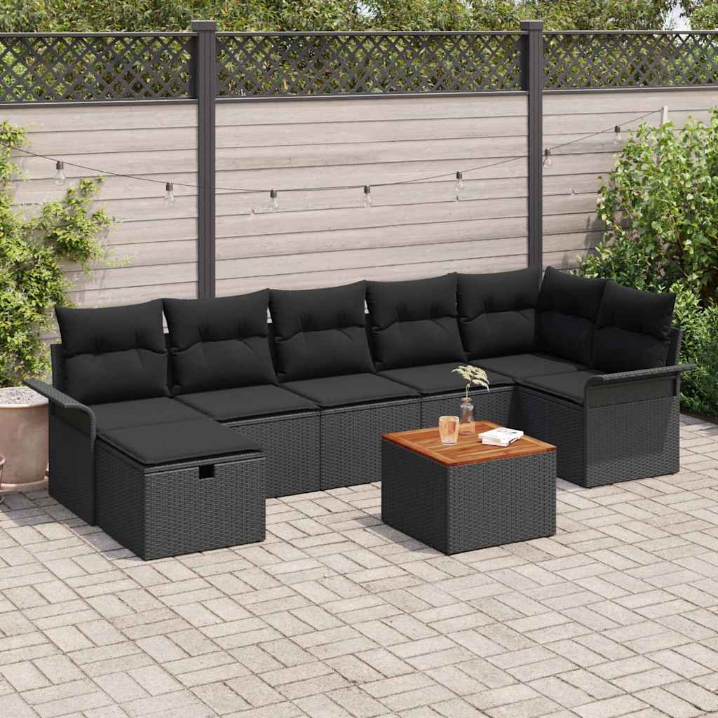 Set Divano da Giardino con cuscino 8 pcs Nero polyrattan