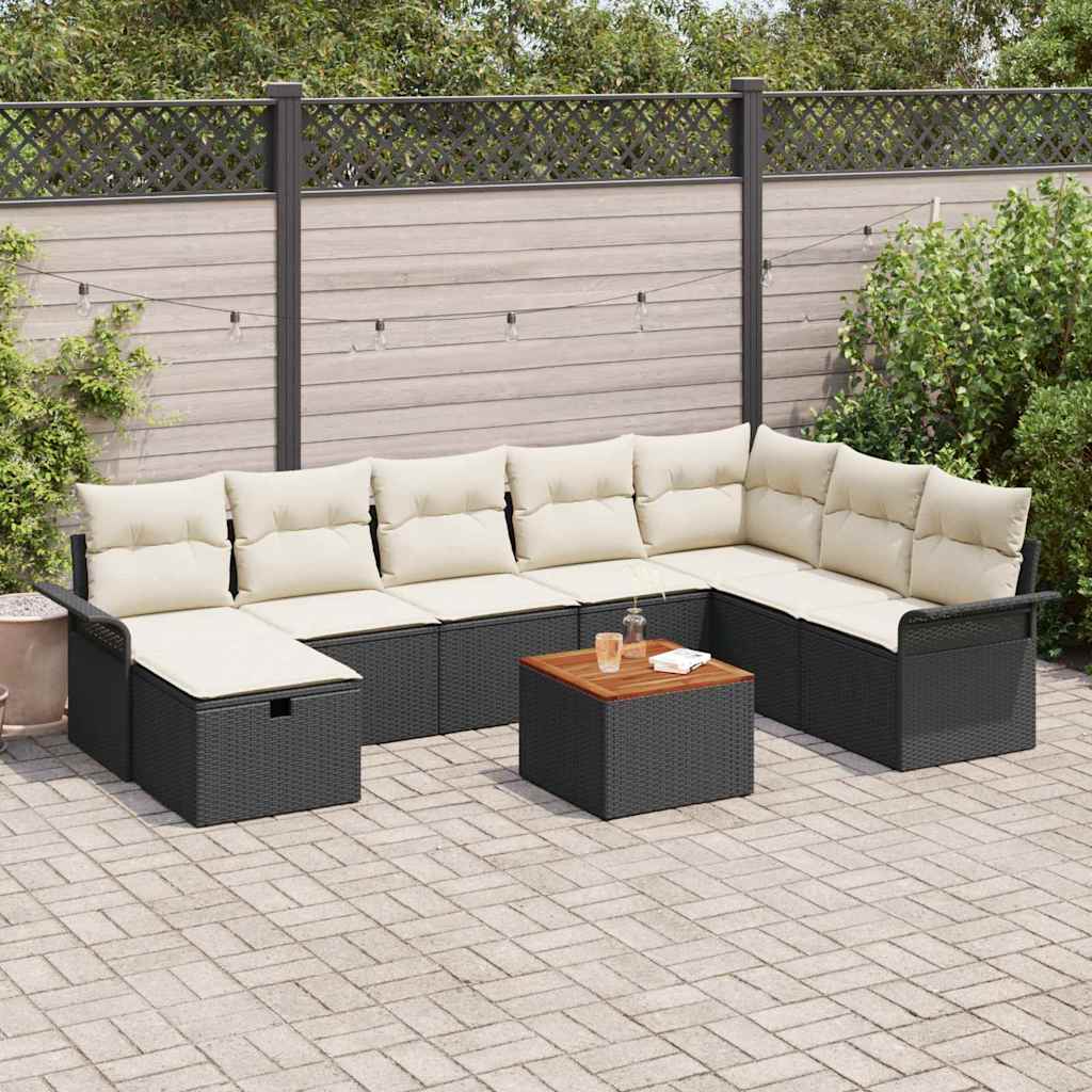 Set Divano da Giardino con cuscino 9 pcs Nero polyrattan