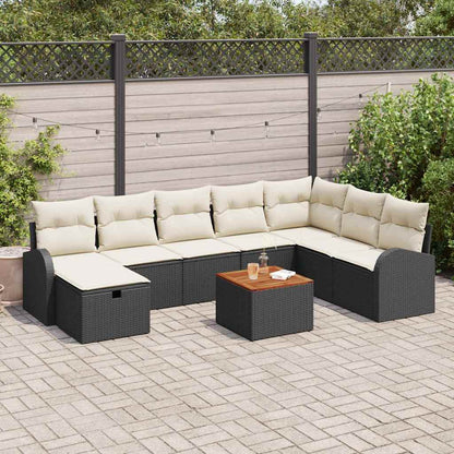 Set Divano da Giardino con cuscino 9 pcs Nero polyrattan