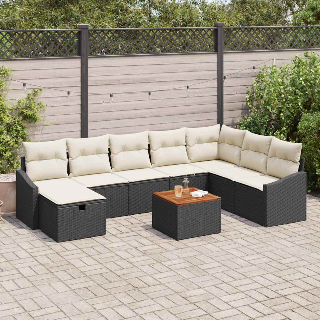 Set Divano da Giardino con cuscino 9 pcs Nero polyrattan