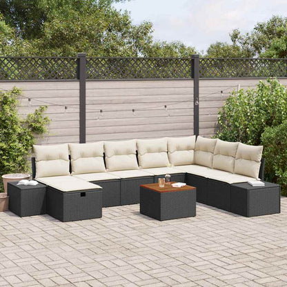 Set Divano da Giardino con cuscino 9 pcs Nero polyrattan