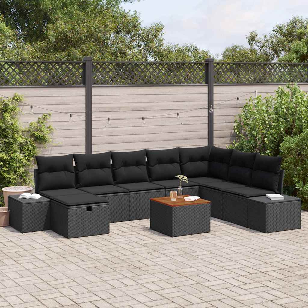 Set Divano da Giardino con cuscino 9 pcs Nero polyrattan