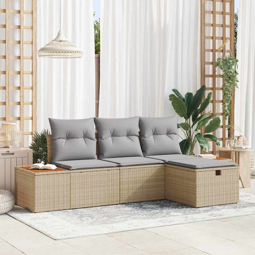 Set Divano da Giardino con cuscino 4 pcs Beige Poly Rattan
