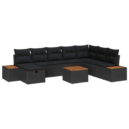 Set Divano da Giardino con cuscino 9 pcs Nero polyrattan