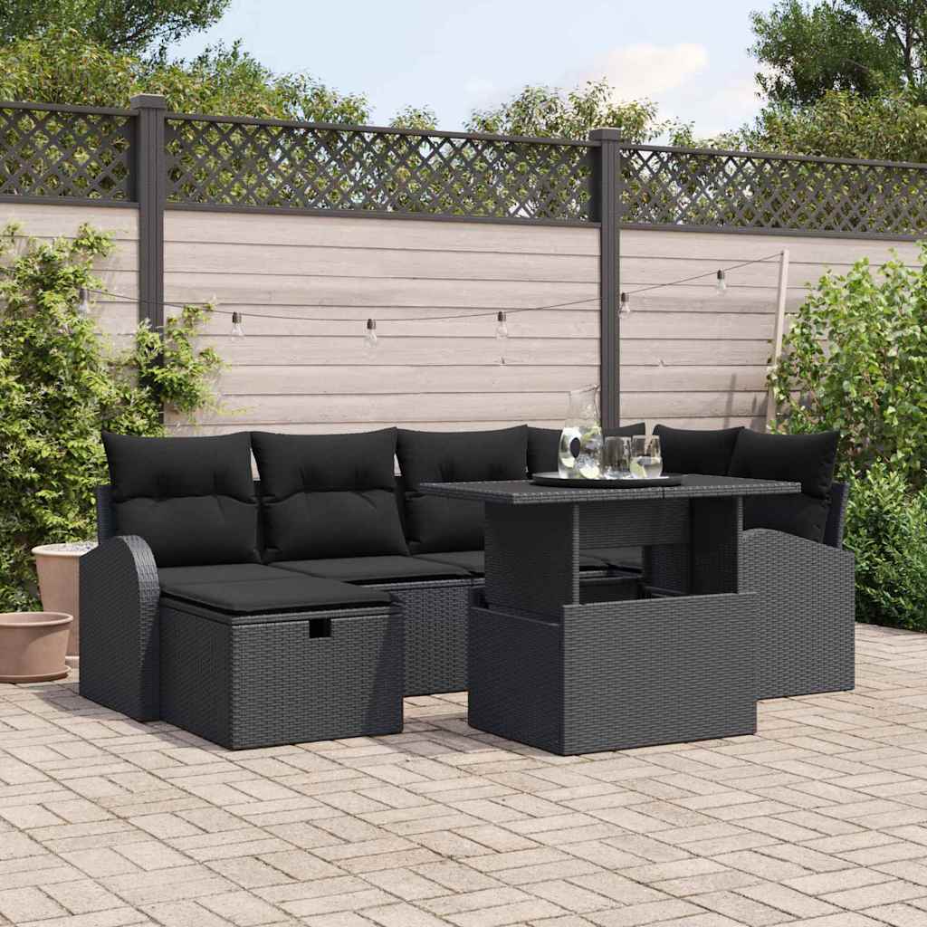 Set Divano da Giardino con cuscino 7 pcs Nero Poly Rattan