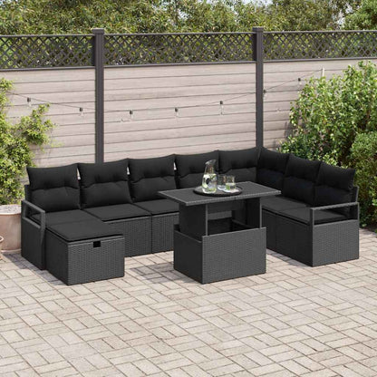 Set Divano da Giardino con cuscino 9 pcs Nero Poly Rattan