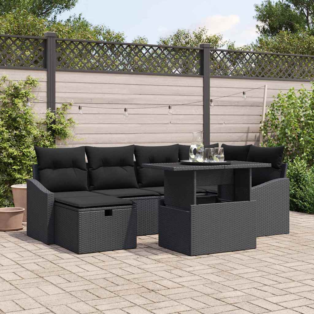 Set Divano da Giardino con cuscino 7 pcs Nero Poly Rattan