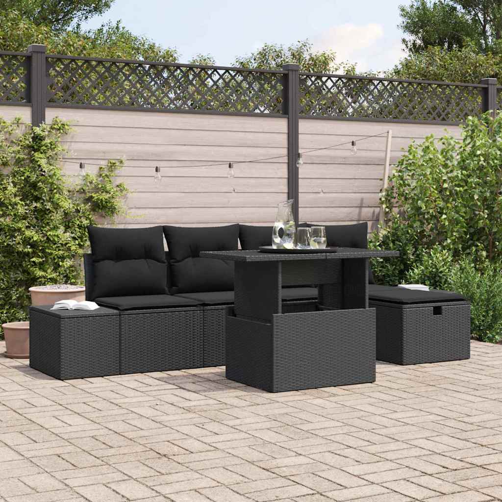 Set Divano da Giardino con cuscino 6 pcs Nero Poly Rattan