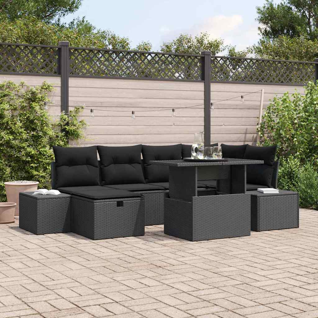 Set Divano da Giardino con cuscino 7 pcs Nero Poly Rattan