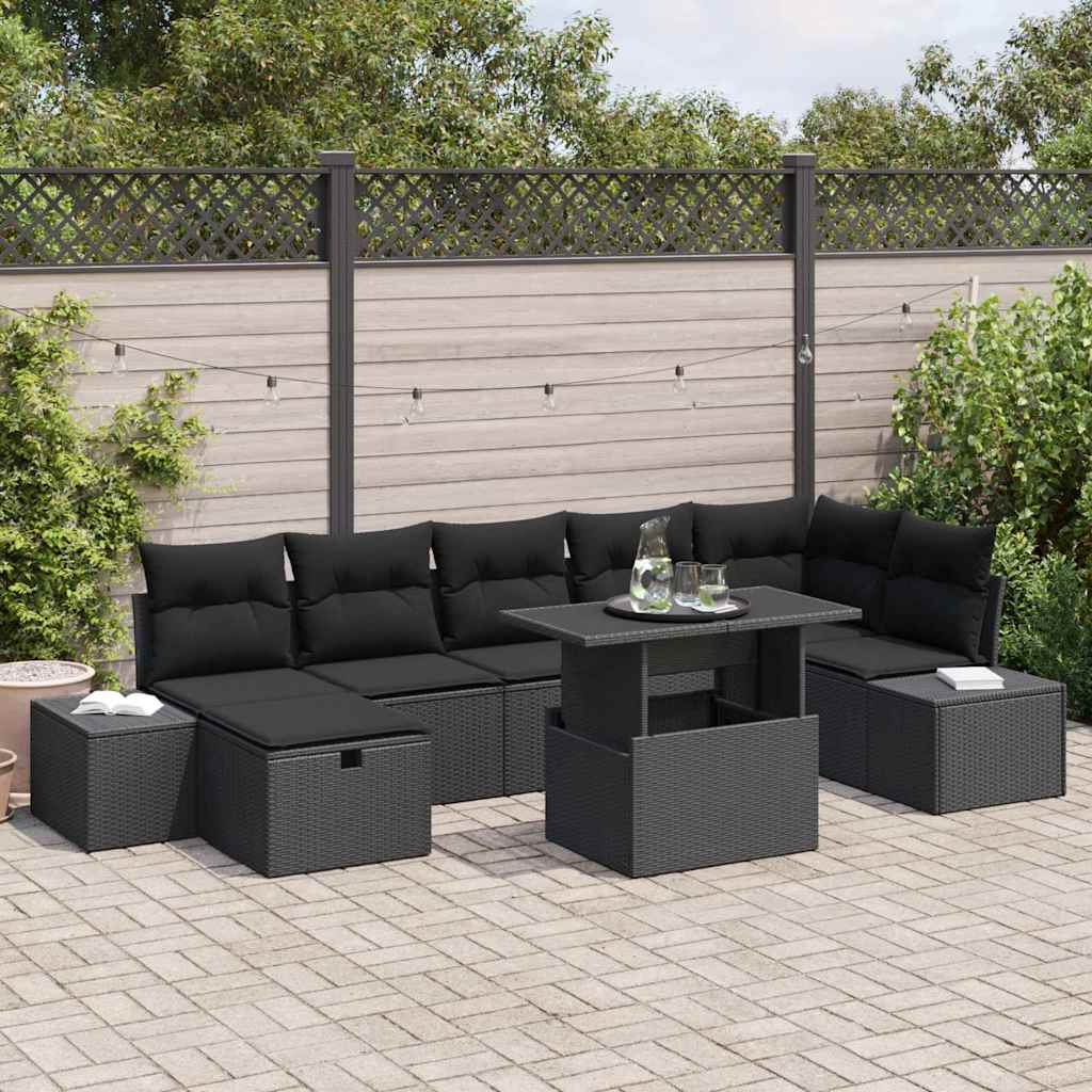 Set Divano da Giardino con cuscino 8 pcs Nero Poly Rattan