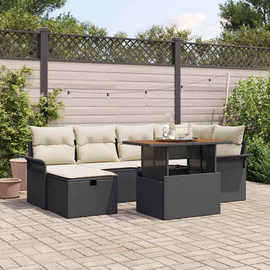 Set Divano da Giardino con cuscino 7 pcs Nero polyrattan