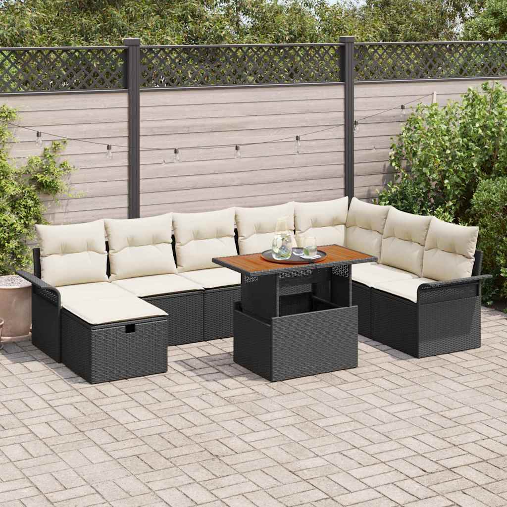 Set Divano da Giardino con cuscino 9 pcs Nero polyrattan