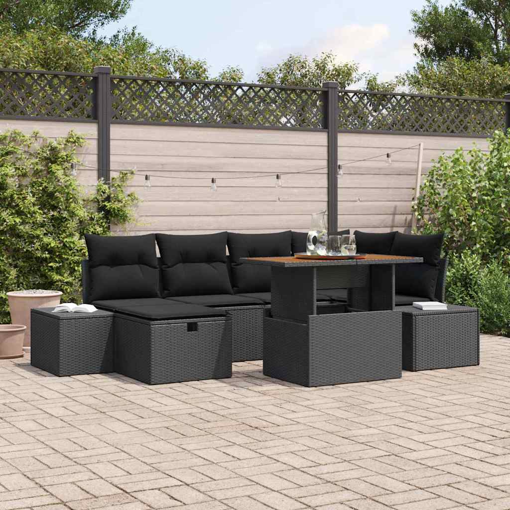 Set Divano da Giardino con cuscino 7 pcs Nero polyrattan