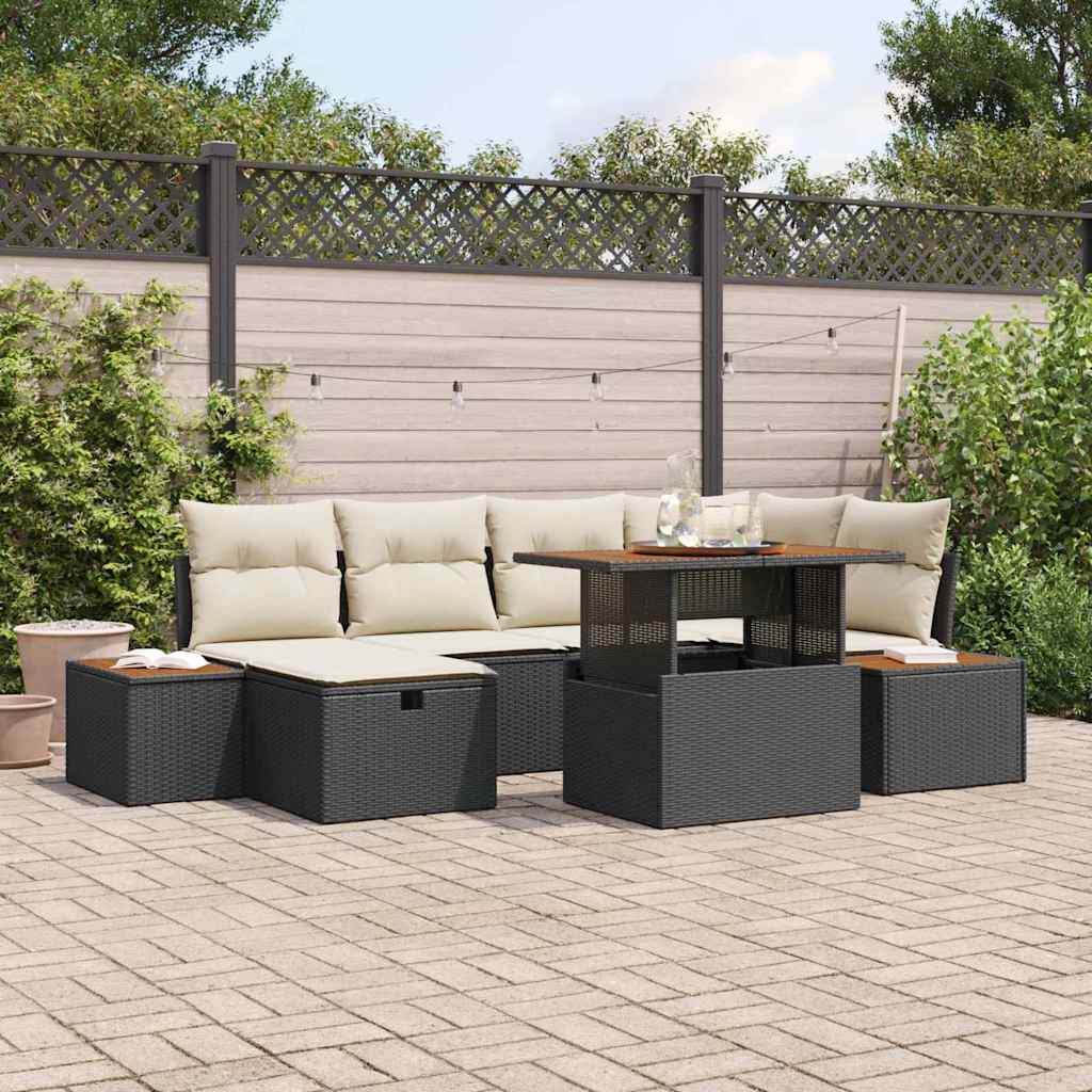 Set Divano da Giardino con cuscino 7 pcs Nero polyrattan