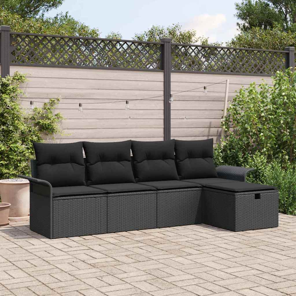 Set Divano da Giardino con cuscino 5 pcs Nero Poly Rattan