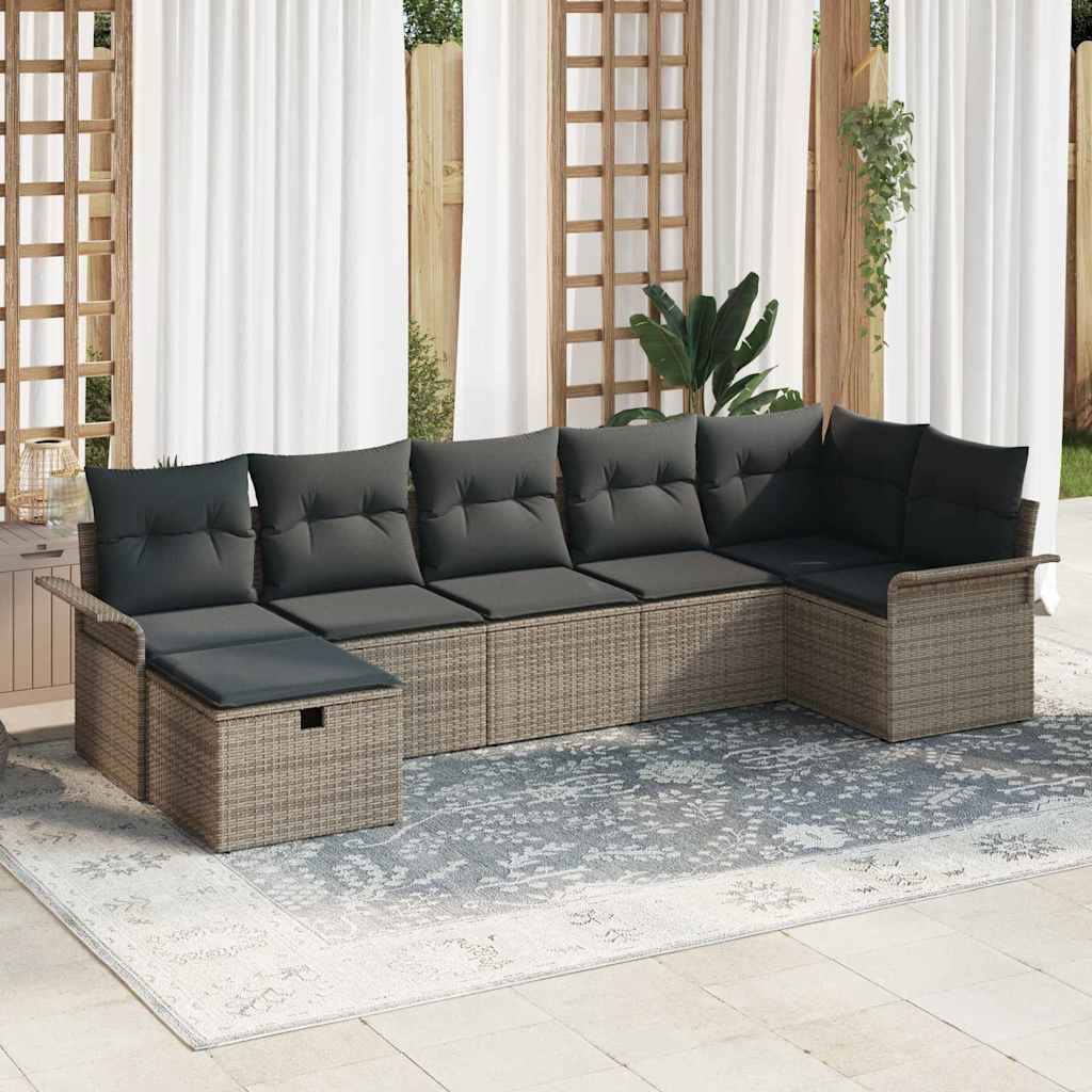 Set Divano da Giardino con cuscino 7 pcs Grigio Poly Rattan