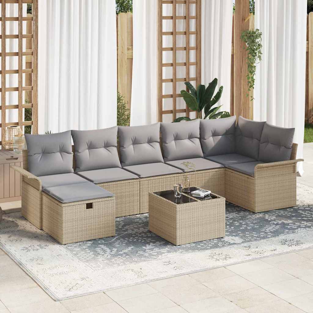 Set Divano da Giardino con cuscino 8 pcs Beige Poly Rattan