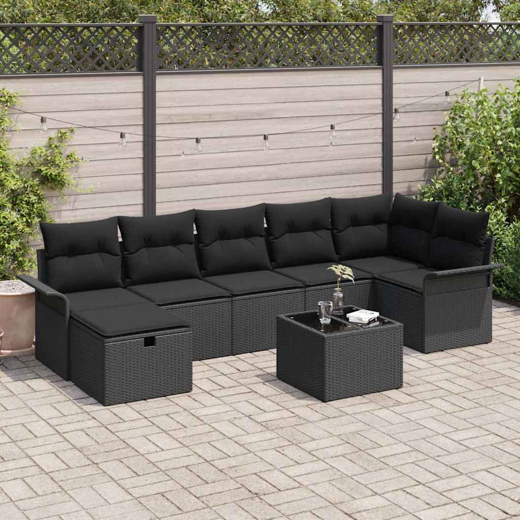 Set Divano da Giardino con cuscino 8 pcs Nero Poly Rattan