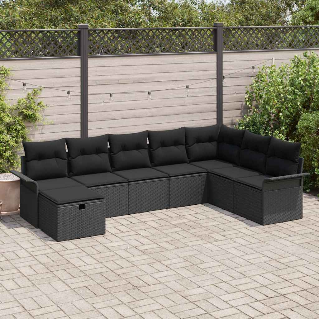 Set Divano da Giardino con cuscino 8 pcs Nero Poly Rattan