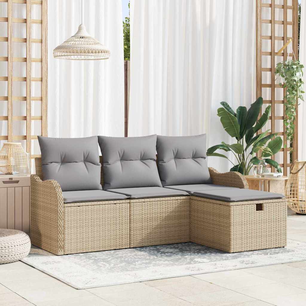 Set Divano da Giardino con cuscino 4 pcs Beige Poly Rattan