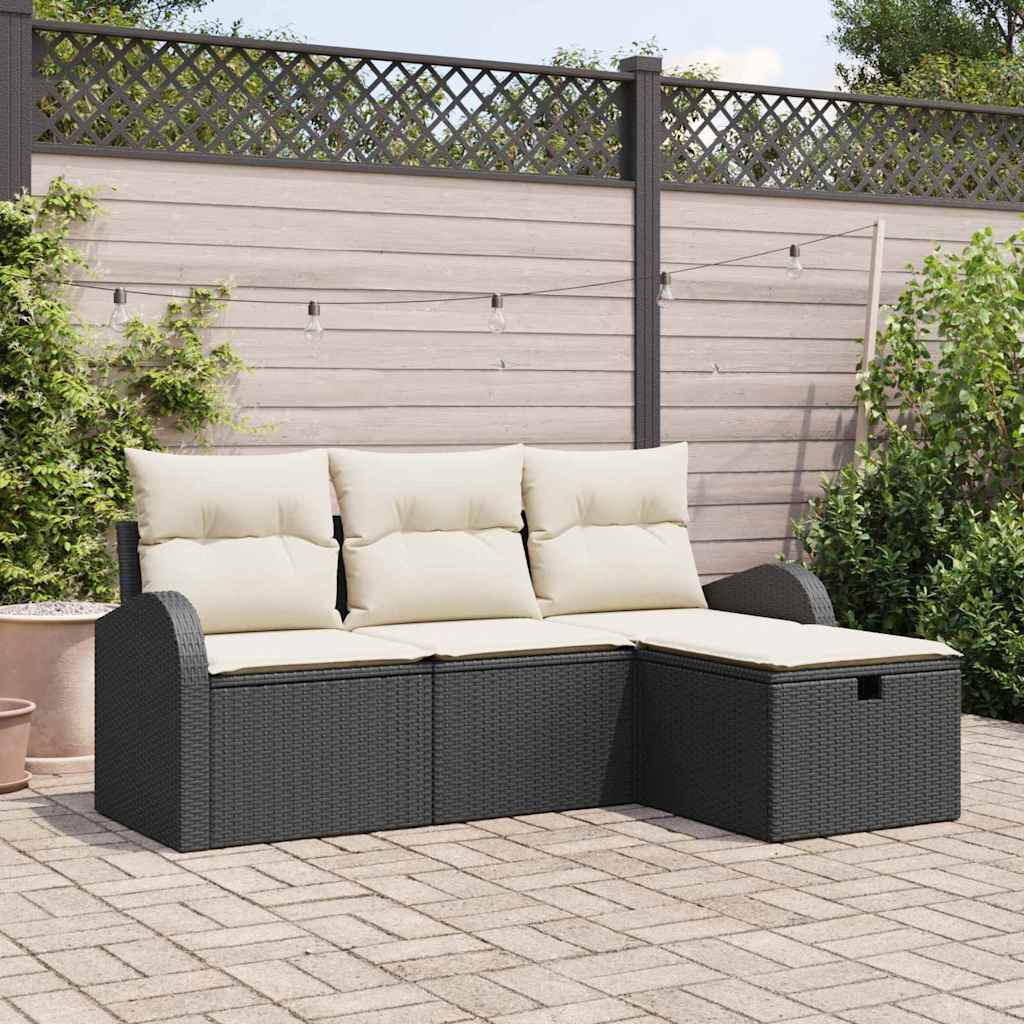 Set Divano da Giardino con cuscino 4 pcs Nero Poly Rattan