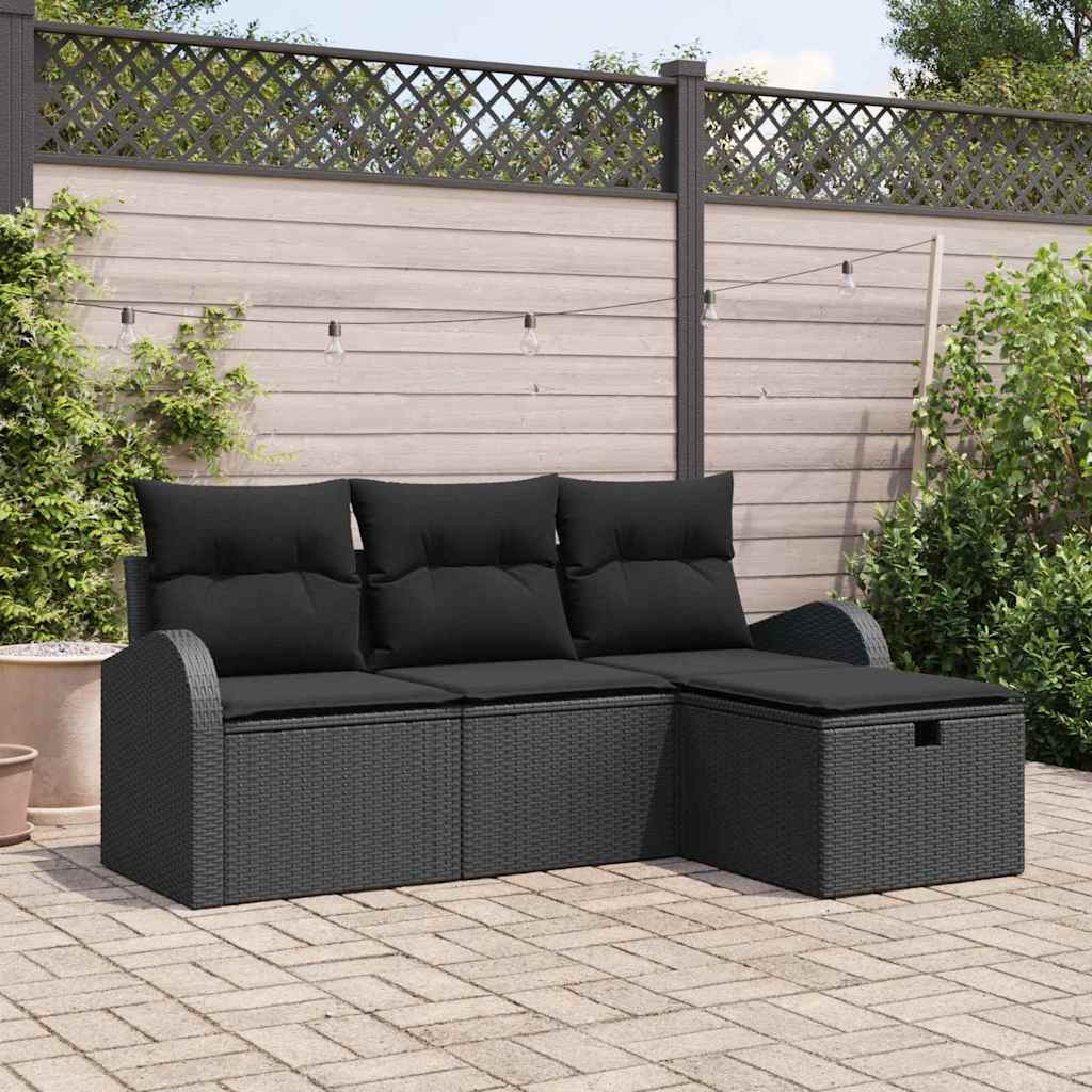 Set Divano da Giardino con cuscino 4 pcs Nero polyrattan