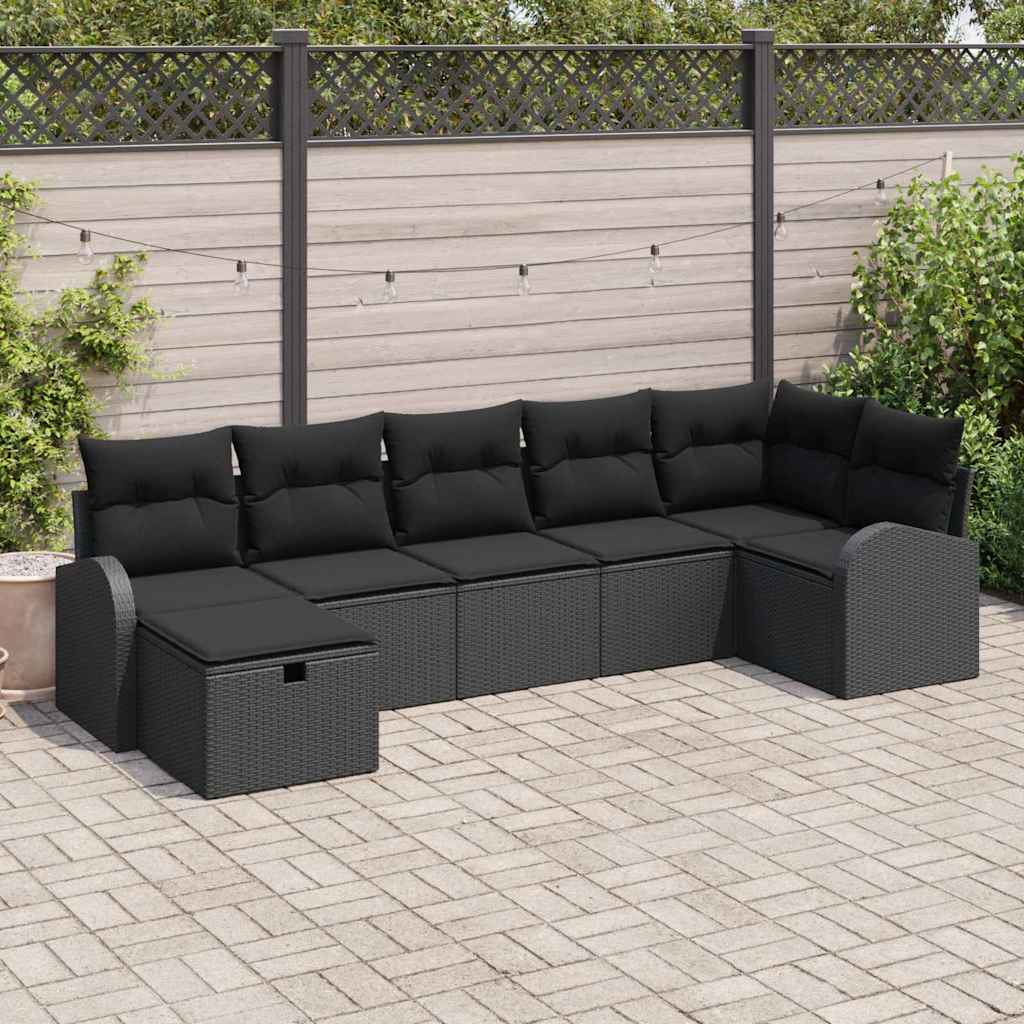 Set Divano da Giardino con cuscino 7 pcs Nero polyrattan