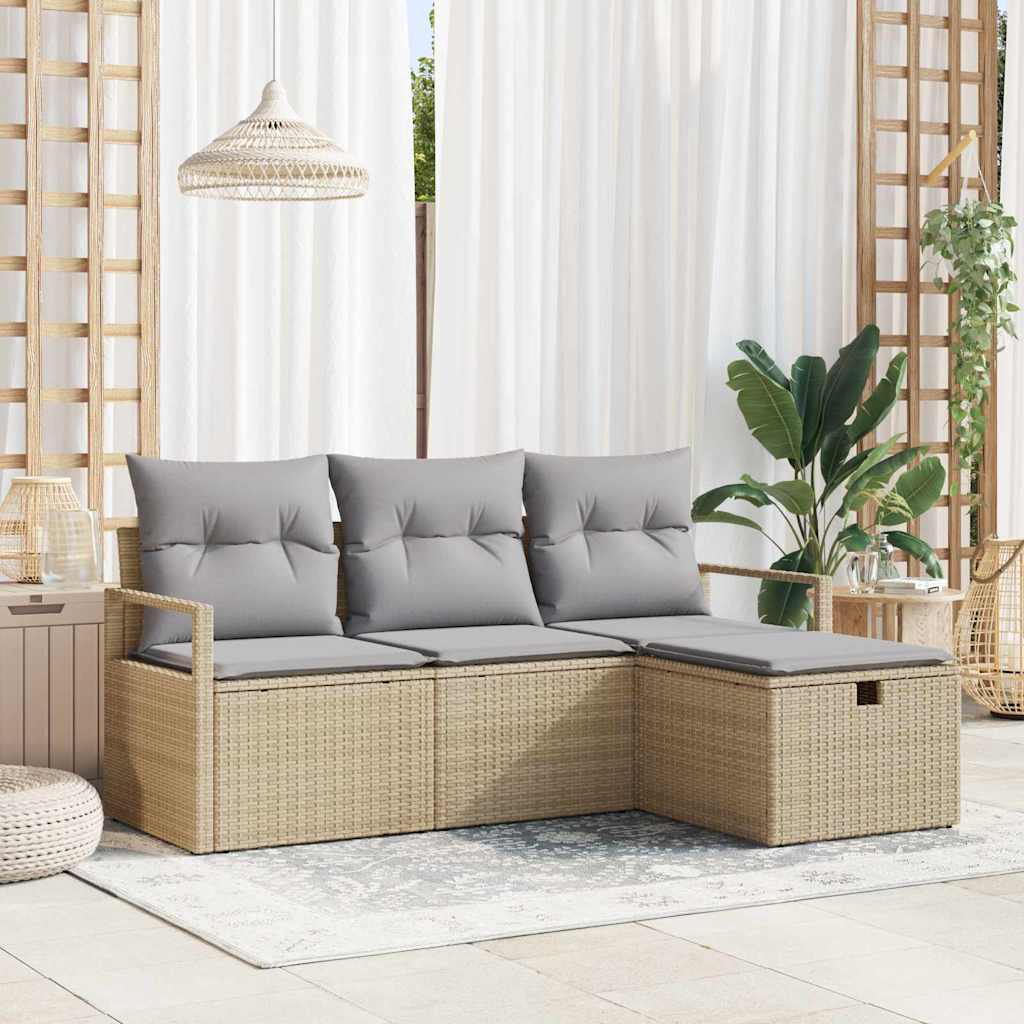 Set Divano da Giardino con cuscino 4 pcs Beige Poly Rattan