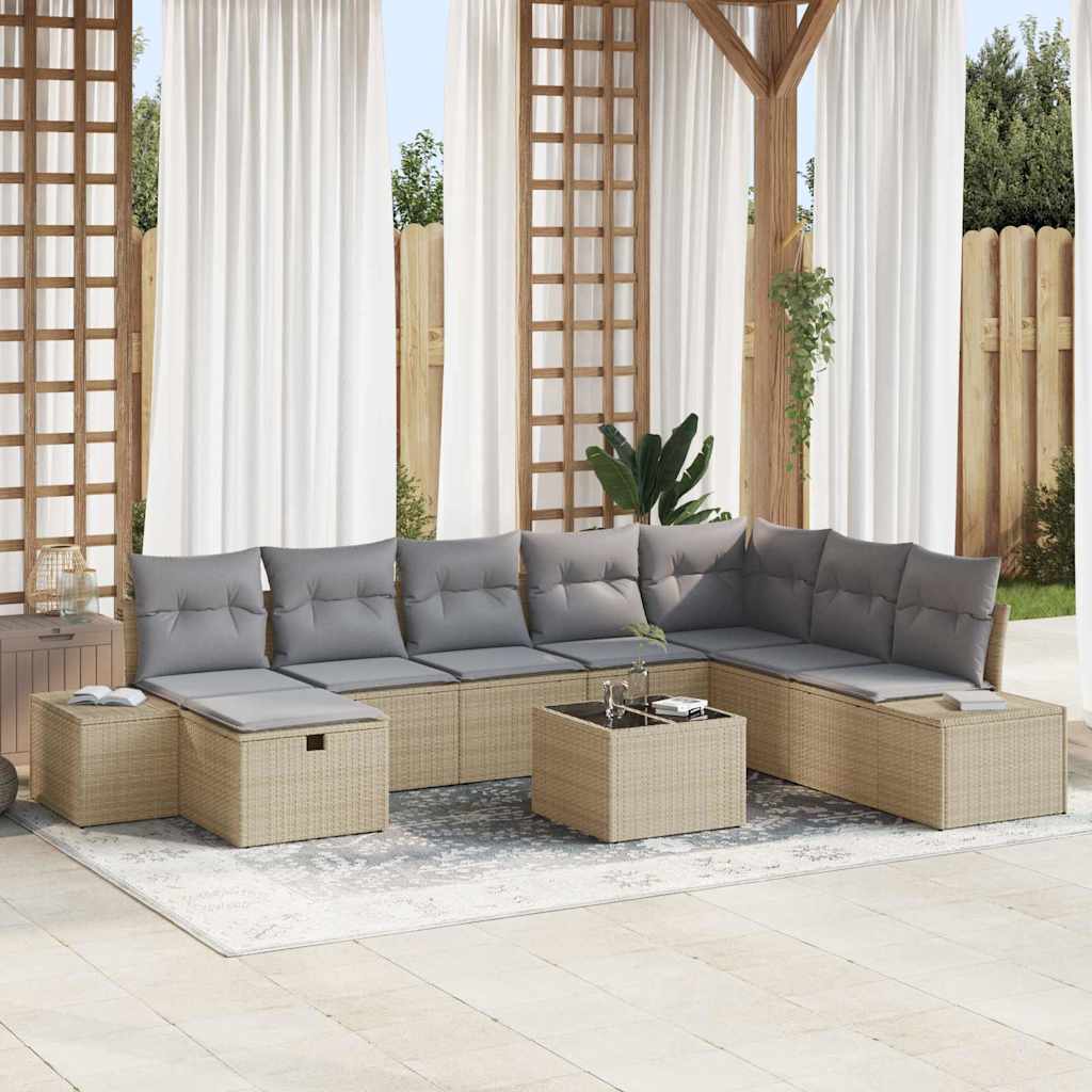 Set Divano da Giardino con cuscino 9 pcs Beige Poly Rattan