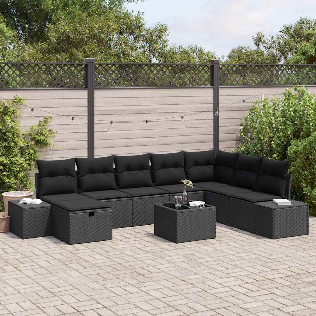 Set Divano da Giardino con cuscino 9 pcs Nero Poly Rattan