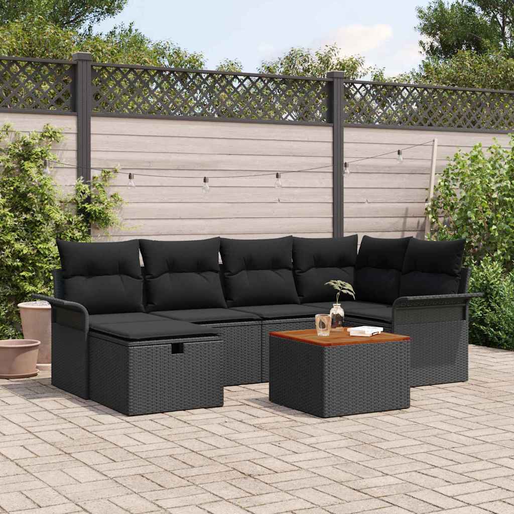 Set Divano da Giardino con cuscino 7 pcs Nero Poly Rattan