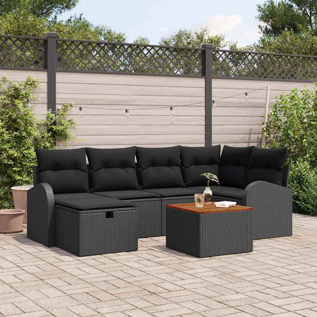Set Divano da Giardino con cuscino 7 pcs Nero Poly Rattan