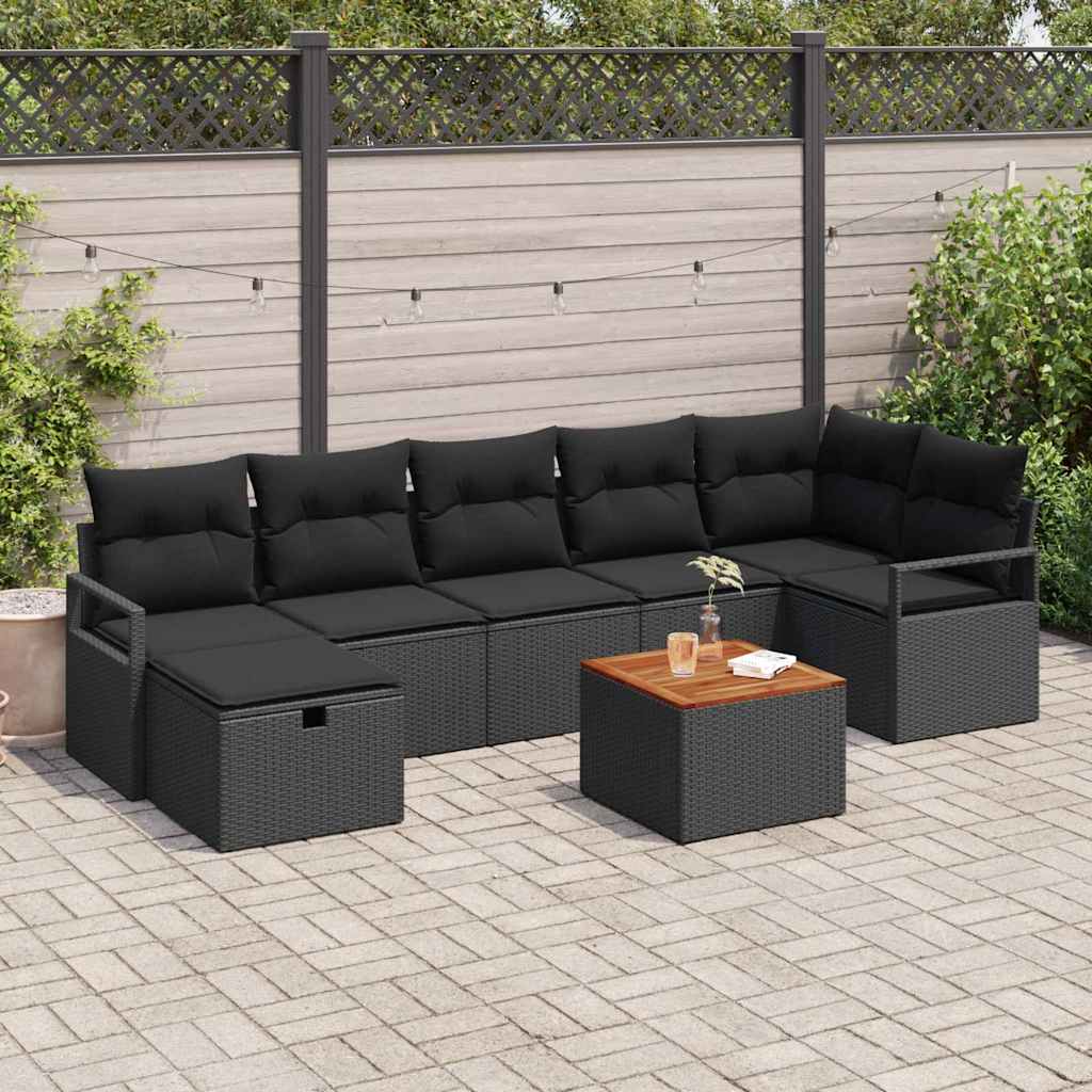 Set Divano da Giardino con cuscino 8 pcs Nero Poly Rattan