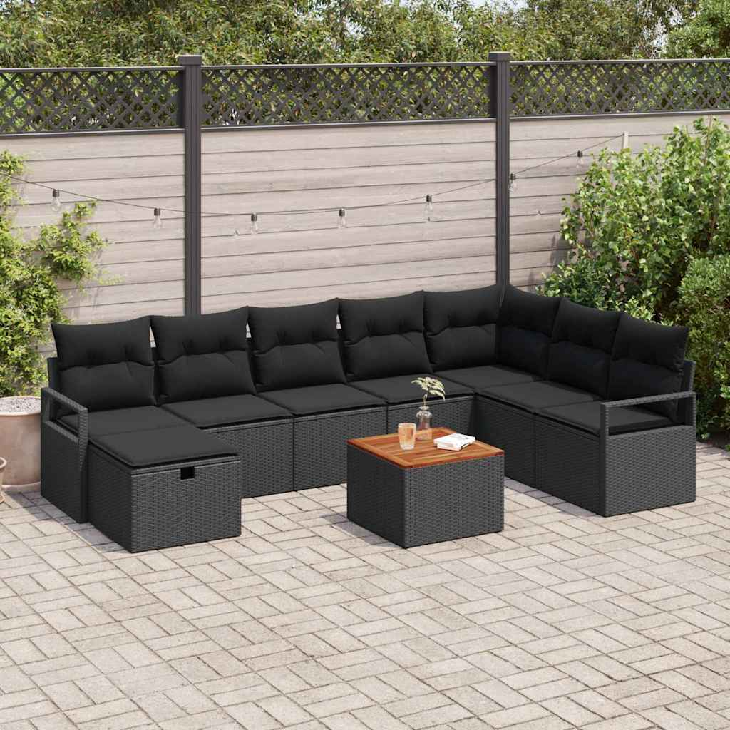 Set Divano da Giardino con cuscino 9 pcs Nero Poly Rattan