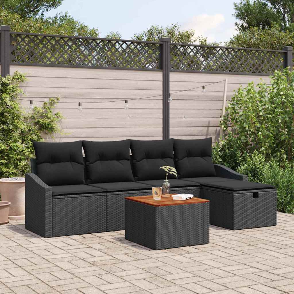 Set Divano da Giardino con cuscino 6 pcs Nero Poly Rattan