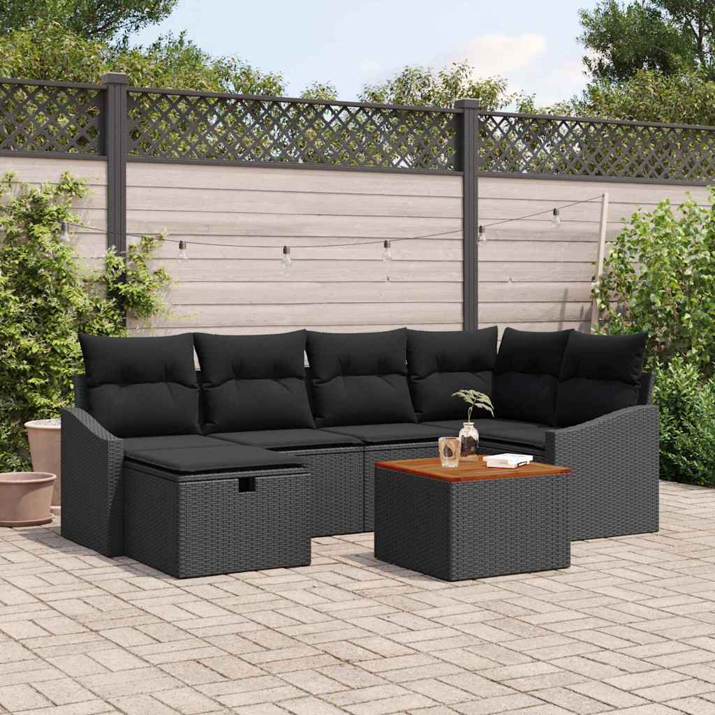 Set Divano da Giardino con cuscino 7 pcs Nero Poly Rattan